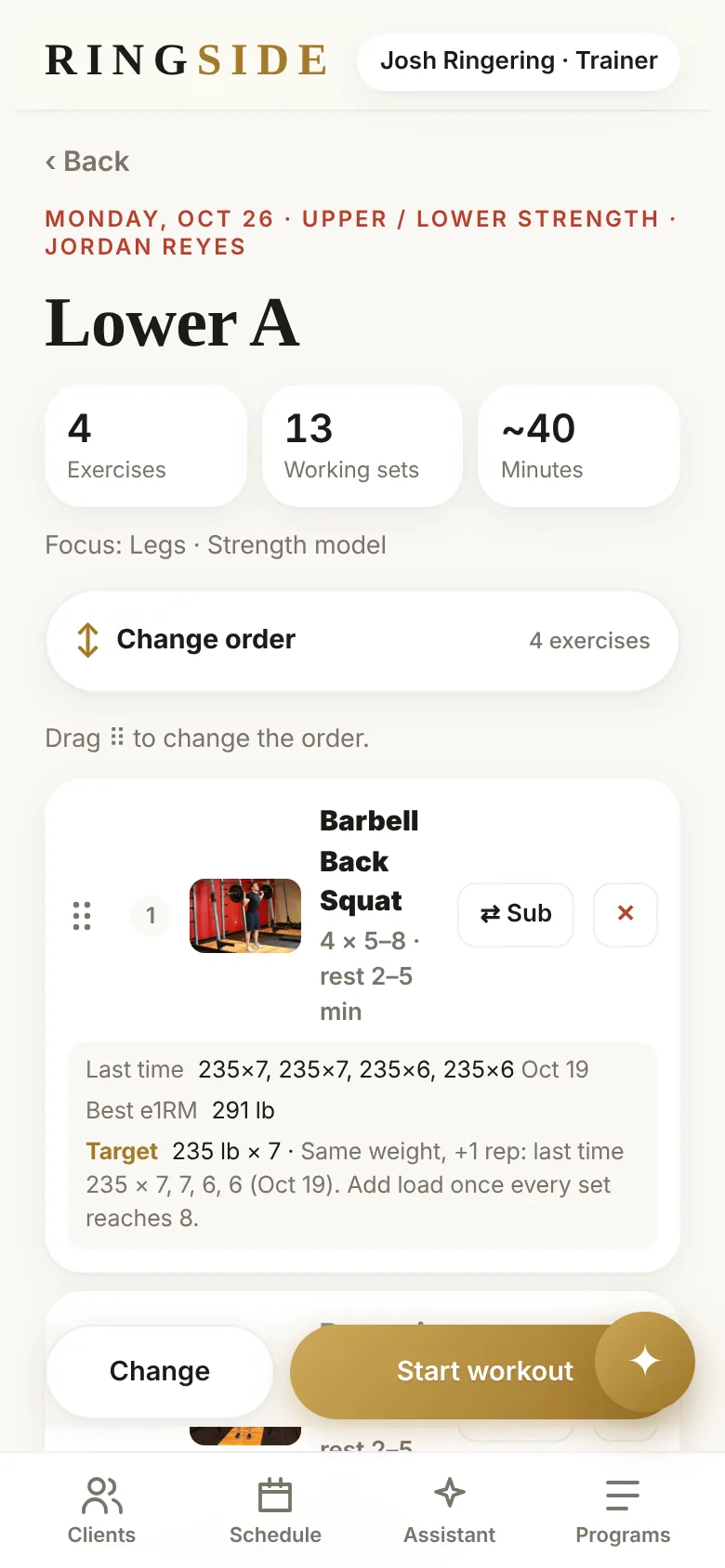 Workout preview for Lower A showing four exercises, 13 working sets, about 40 minutes, last-time numbers and targets for each exercise