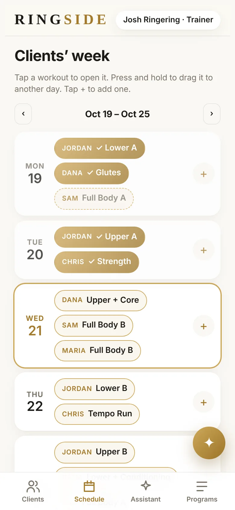 The clients’ week calendar showing completed sessions for Jordan, Dana, Chris and Sam from Monday to Friday