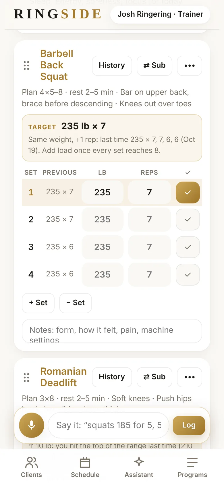 A live workout in Ringside showing a target of 235 lb for 7 reps on barbell back squat, with the previous session’s numbers beside each set